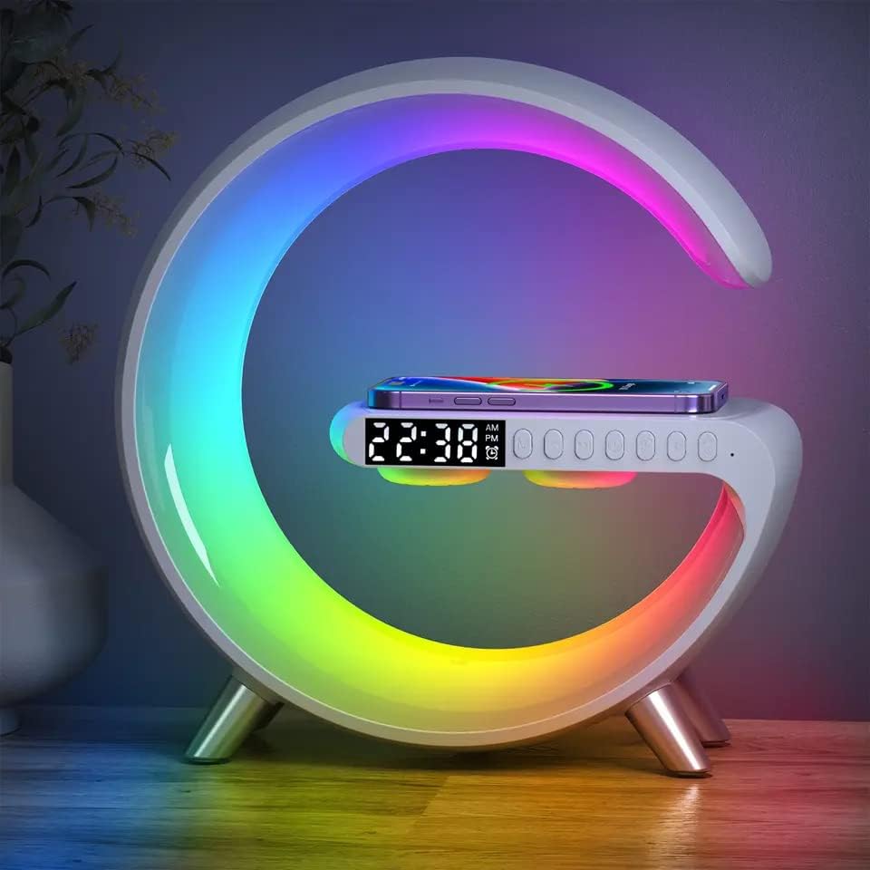 G Speaker Lamp - 3 in 1 Multi-Function Bluetooth Speaker With Wireless Charging, RGB Light and Alarm Clock - Charger G Lamp with Sunrise Alarm for Bedroom & Bedside table (G Speaker)