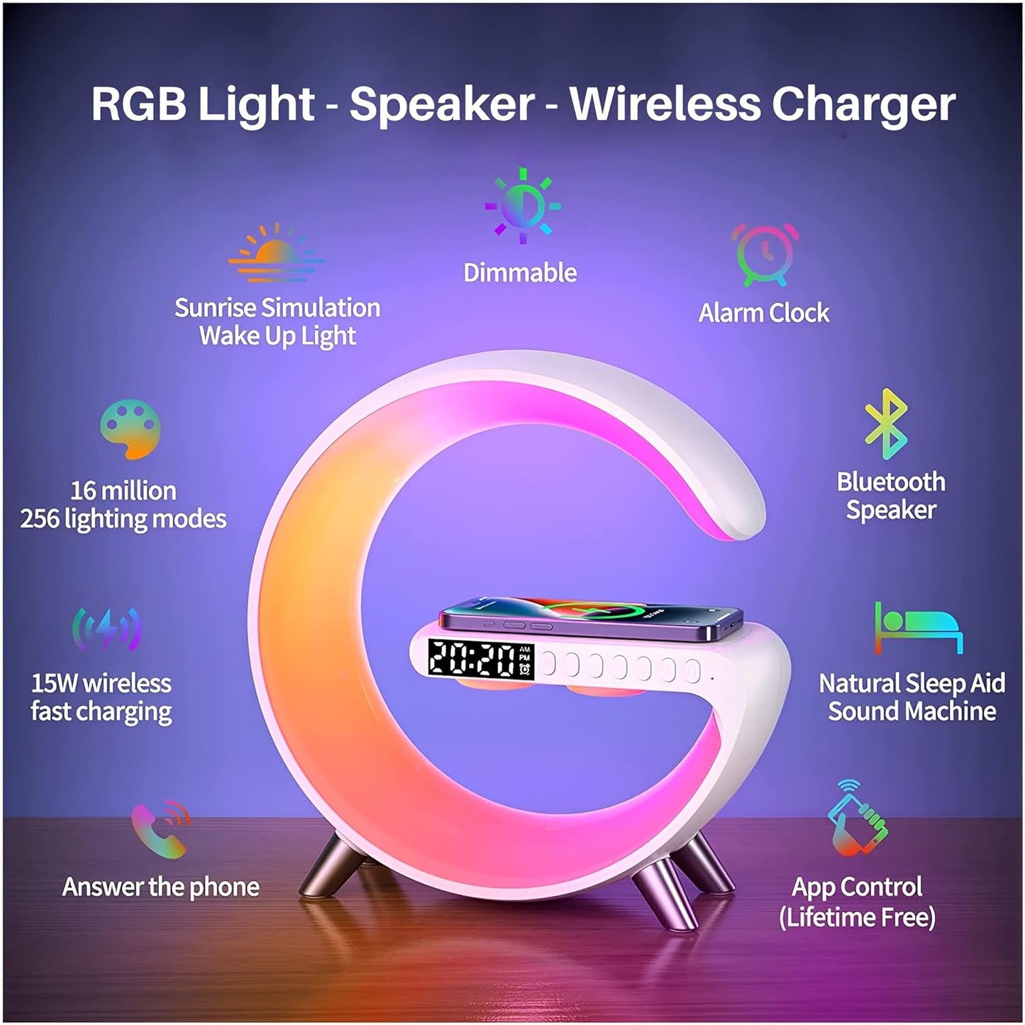 G Speaker Lamp - 3 in 1 Multi-Function Bluetooth Speaker With Wireless Charging, RGB Light and Alarm Clock - Charger G Lamp with Sunrise Alarm for Bedroom & Bedside table (G Speaker)