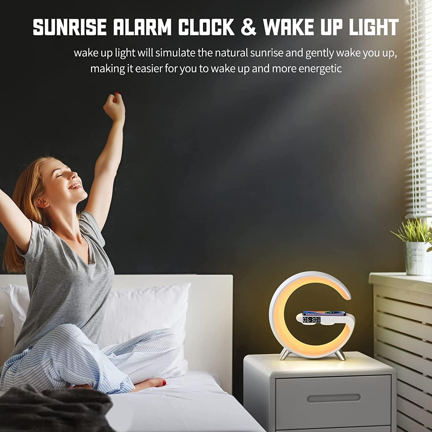 G Speaker Lamp - 3 in 1 Multi-Function Bluetooth Speaker With Wireless Charging, RGB Light and Alarm Clock - Charger G Lamp with Sunrise Alarm for Bedroom & Bedside table (G Speaker)